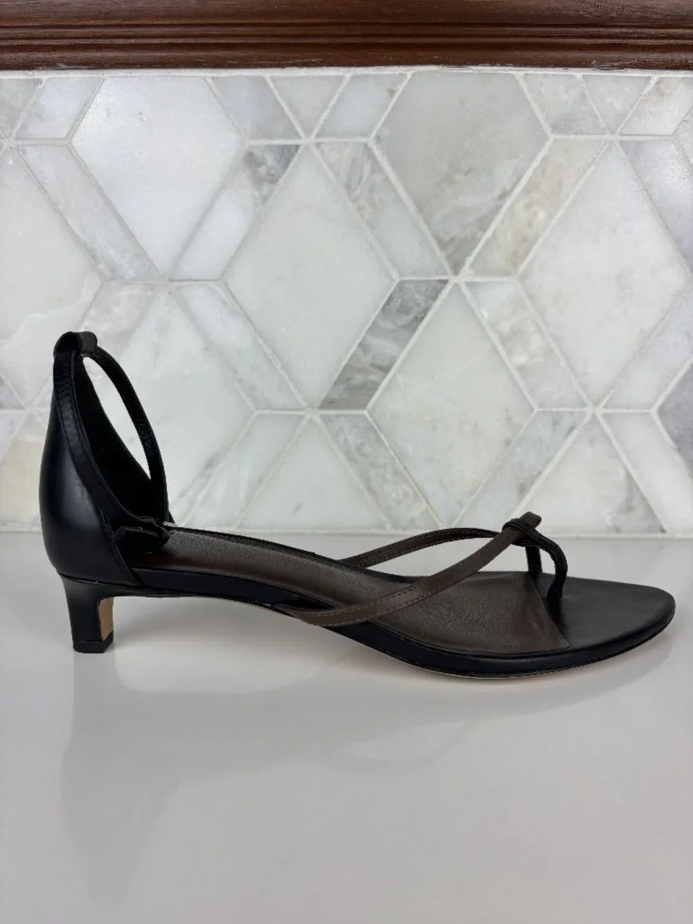 8 Vince Siri Black Brown Leather Sandal Ankle Strap Kitten Heel Pointed Toe Slip - Picture 4 of 11